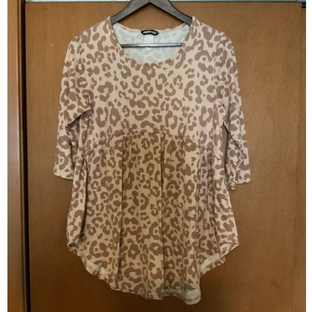 Heimish‎ Womens Leopard Print Empire Waist Tunic Top Tan 3/4 Sleeve